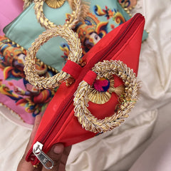 Return Gift Hand Bags-Ethnic Ganpati Gift Pouch With Golden Handle-6 Pieces Set-RG293