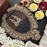 Vriksham Classic Peacock Golden Grace Kundan Jadau Guttapusalu Long Neckpiece-Green & Rice Pearl Bead-J3821