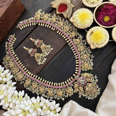 Vriksham Classic Peacock Golden Grace Kundan Jadau Guttapusalu Long Neckpiece-Green & Rice Pearl Bead-J3821