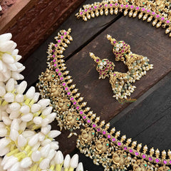Vriksham Classic Peacock Golden Grace Kundan Jadau Guttapusalu Long Neckpiece-Green & Rice Pearl Bead-J3821