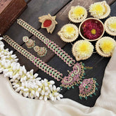 Vriksham Heritage Floral Pendant With Leaf Pattern Kundan Jadau Neckpiece-Red Green & White-Green Bead-J3814