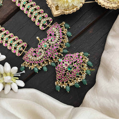 Vriksham Heritage Floral Pendant With Leaf Pattern Kundan Jadau Neckpiece-Red Green & White-Green Bead-J3814