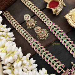 Vriksham Heritage Floral Pendant With Leaf Pattern Kundan Jadau Neckpiece-Red Green & White-Green Bead-J3814