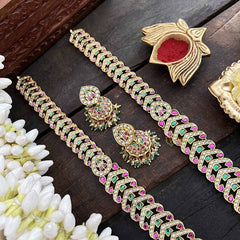 Vriksham Heritage Floral Pendant With Leaf Pattern Kundan Jadau Neckpiece-Red Green & White-Green Bead-J3814