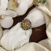 Vriksham Precious Jadau Kundan Finger Ring-Red White-Peacock-J2703