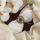 Vriksham Unique Jadau Kundan Finger Ring-White,Red & Green-Pastel Green Bead-Pearl-J2710