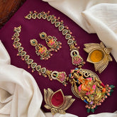 Lakshmi Enamel AD Stone Pendant Long Neckpiece-Green Bead-Vriksham-G22585