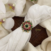 Vriksham Unique Jadau Kundan Finger Ring-Red,White & Green-Pastel Green Bead-Pearl-J2709