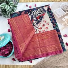 Vriksham Blue Color Kalamkari Cotton Saree With Kanchi Border-VS4671