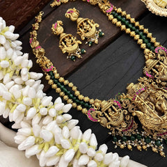Vriksham Vaibhavi Bahubali Temple Gold Pendant Long Neckpiece-Gold & Green Bead-G20552