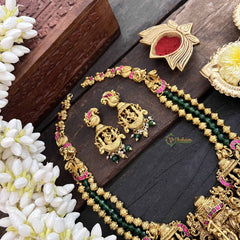 Vriksham Vaibhavi Bahubali Temple Gold Pendant Long Neckpiece-Gold & Green Bead-G20552