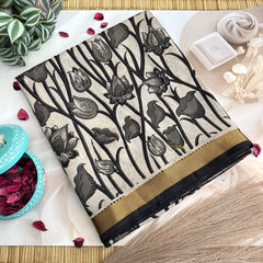 Vriksham Off White Black Floral Kalamkari Saree With Nizam Border-VS4676