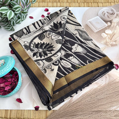 Vriksham Off White Black Floral Kalamkari Saree With Nizam Border-VS4676