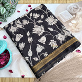 Vriksham Off White Black Lotus Print Kalamkari Saree With Nizam Border-VS4677