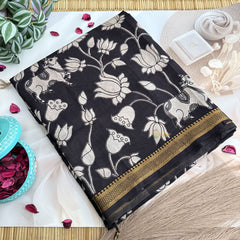 Vriksham Off White Black Lotus Print Kalamkari Saree With Nizam Border-VS4677