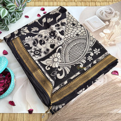 Vriksham Off White Black Lotus Print Kalamkari Saree With Nizam Border-VS4677