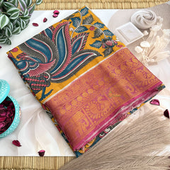 Vriksham Green & Yellow  Kalamkari Saree With Kanchi Border-VS4679