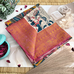 Vriksham Green & Yellow  Kalamkari Saree With Kanchi Border-VS4679