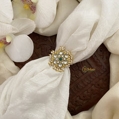 Vriksham Premium Jadau Kundan Floral Finger Ring-White Green-Pearl-J2708