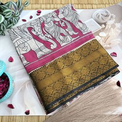Vriksham Pink & White Elephant Print Kalamkari Cotton Saree With Kanchi Border-VS4673