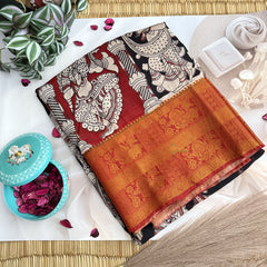 Vriksham Black & Radish Red Kalamkari Saree With Kanchi Border-VS4682