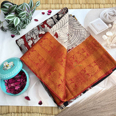 Vriksham Black & Radish Red Kalamkari Saree With Kanchi Border-VS4682