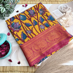Vriksham Mustered Yellow With Maroon Kalamkari Saree With Kanchi Border-VS4684