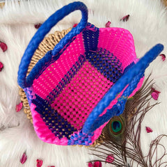 Vriksham Flamingo Pink & Blue Tote Hand-Woven Checkerboard Knot Bag-KRG2160