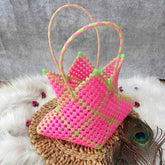 Vriksham Neon Star-Shaped Knot Bag Pink & Lime Green Artisan Tote Bag-KRG2166