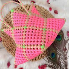 Vriksham Neon Star-Shaped Knot Bag Pink & Lime Green Artisan Tote Bag-KRG2166