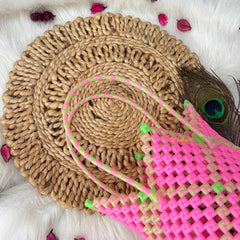 Vriksham Neon Star-Shaped Knot Bag Pink & Lime Green Artisan Tote Bag-KRG2166