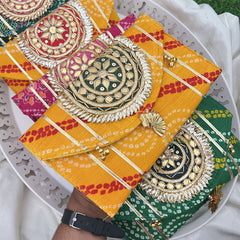 Return Gift Hand Bags-Bandhani Clutch Purse With Thread Work Gota Patti-6 Pieces Set-RG297