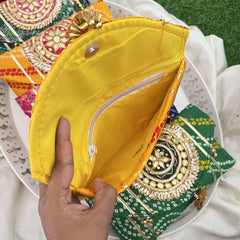 Return Gift Hand Bags-Bandhani Clutch Purse With Thread Work Gota Patti-6 Pieces Set-RG297