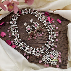 Premium Baby Pink Victorian Diamond Long Neckpiece-VV1884
