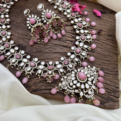 Premium Baby Pink Victorian Diamond Long Neckpiece-VV1884