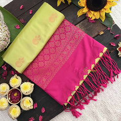 Vriksham Pista With Rani Pink Pallu Soft Silk Saree-VS4866