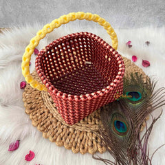 Vriksham Handmade Square Dual-Tone Maroon With Cream Handle Plastic Wire Basket Bag-KRG2169