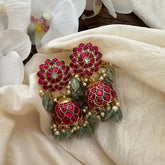 Elegant Jadau Kundan Jhumka-Pearl-Aqua Green Beads-J2289