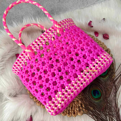 Vriksham Handmade Hot Pink Plastic Wire Basket with Dual Braided Handles Basket Bag-KRG2180