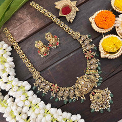 Vriksham Designer AD Stone Long Neckpiece-Coral-Aqua Green Beads-G21263