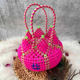 Vriksham Traditional Indian Pink, Cream and Blue Wire Koodai & Pointed Zig-Zag Basket Bag-KRG2176