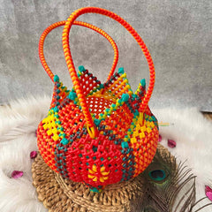Vriksham Traditional Indian Orange, Yellow & Lime Green Wire Koodai & Pointed Zig-Zag Basket Bag-KRG2177