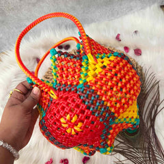 Vriksham Traditional Indian Orange, Yellow & Lime Green Wire Koodai & Pointed Zig-Zag Basket Bag-KRG2177