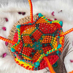 Vriksham Traditional Indian Orange, Yellow & Lime Green Wire Koodai & Pointed Zig-Zag Basket Bag-KRG2177