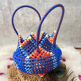 Vriksham Traditional Indian Blue, Orange & Cream Wire Koodai & Pointed Zig-Zag Basket Bag-KRG2178
