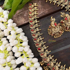 Vriksham Antique Peacock Lakshmi Long Neckpiece-Golden Beads-Coral-G21267