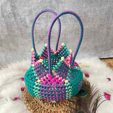 Vriksham Traditional Indian Aqua Blue, Pink & Cream Wire Koodai & Pointed Zig-Zag Basket Bag-KRG2179