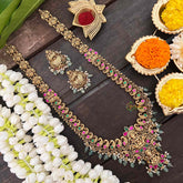 Vriksham Lakshmi with Peacock Long Neckpiece-Red Green-Pastel Green Beads-G21268