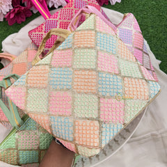 Return Gift Small Size Hand Bags-Square Design Thread Work-6 Pieces Set-RG311