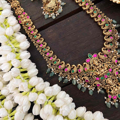 Vriksham Lakshmi with Peacock Long Neckpiece-Red Green-Pastel Green Beads-G21268